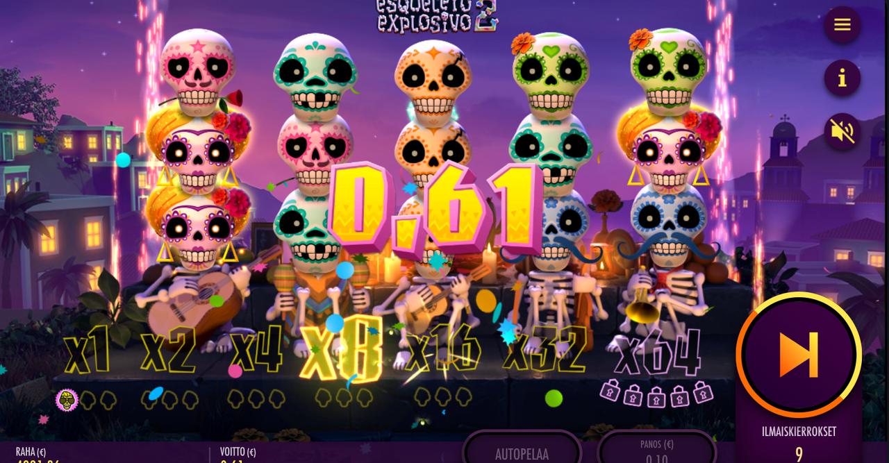 Esqueleto Explosivo 2 Reborn Bonus Game with the Mucho Multiplier at x8 and nine Free Spins remaining.